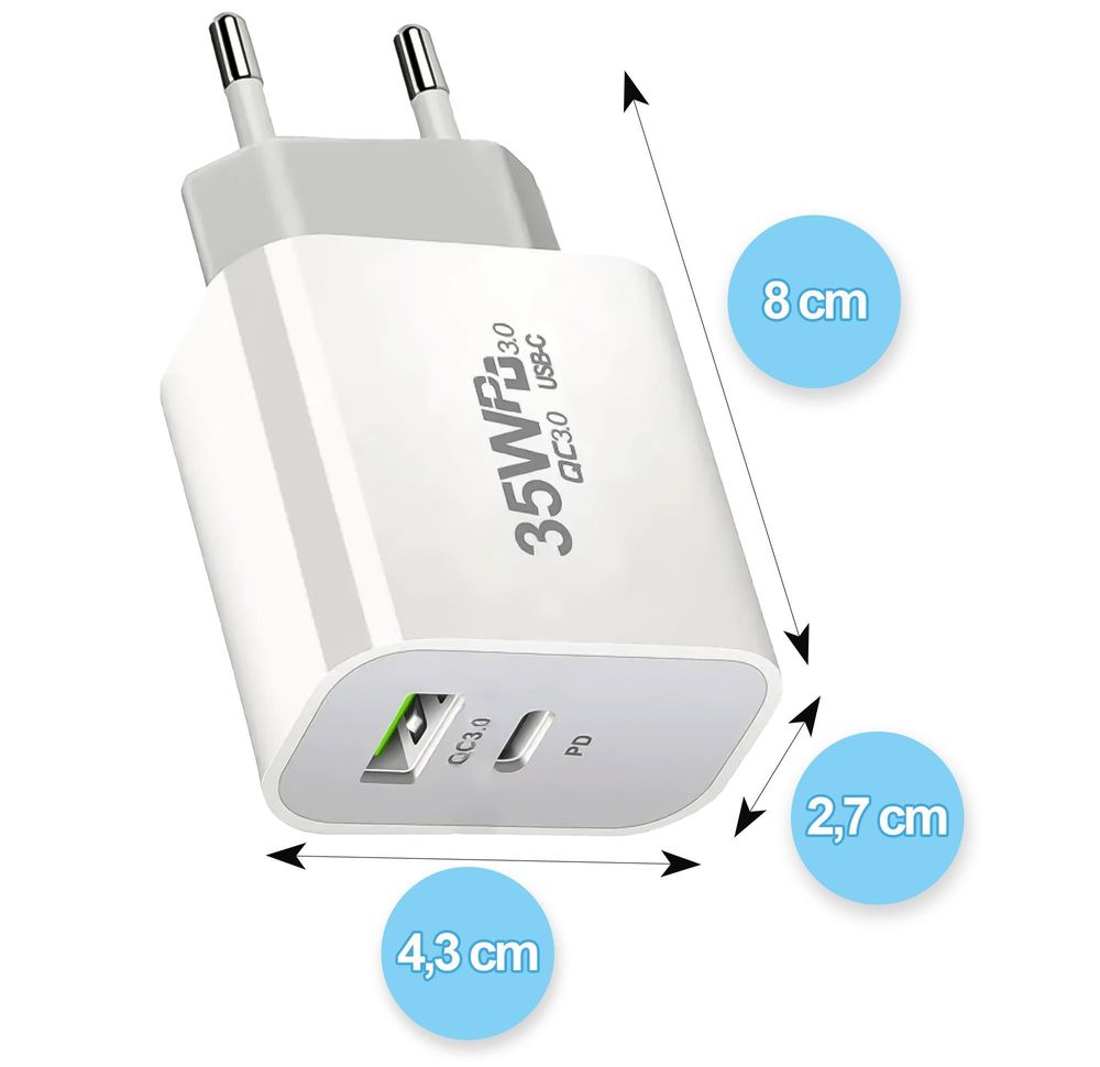 Schnelles Ladegerät 35W USB C PD 3.0 USB A QC 3.0 für iPhone 15 Pro Max Samsung Galaxy S24 S23 Ultra Xiaomi Oppo Huawei Netzteil Stecker Reagle Weiß
