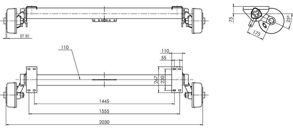 AL-KO Achse für Bootsanhänger 1800 kg, 1445/1555 mm, gebremst für Bootstrailer