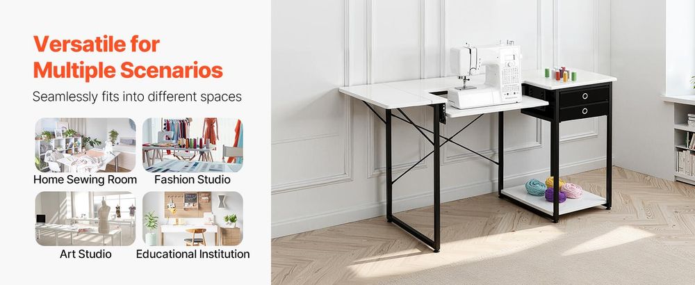 VEVOR Nähtisch Nähmaschinentisch mit klappbarer Tischplatte & verstellbarer Ablage & Stahlbeinen & Schublade, Mehrzwecktisch Computertisch für Zuhause Modestudio Kunststudio Bildungseinrichtung