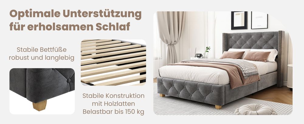 okwish Polsterbett 90×200 Einzelbett Jugendbett Kinderbett mit Lattenrost und Kopfteil, Knopfpolsterung,Nietenpolsterung aus Samt, Grau(ohne Matratze)