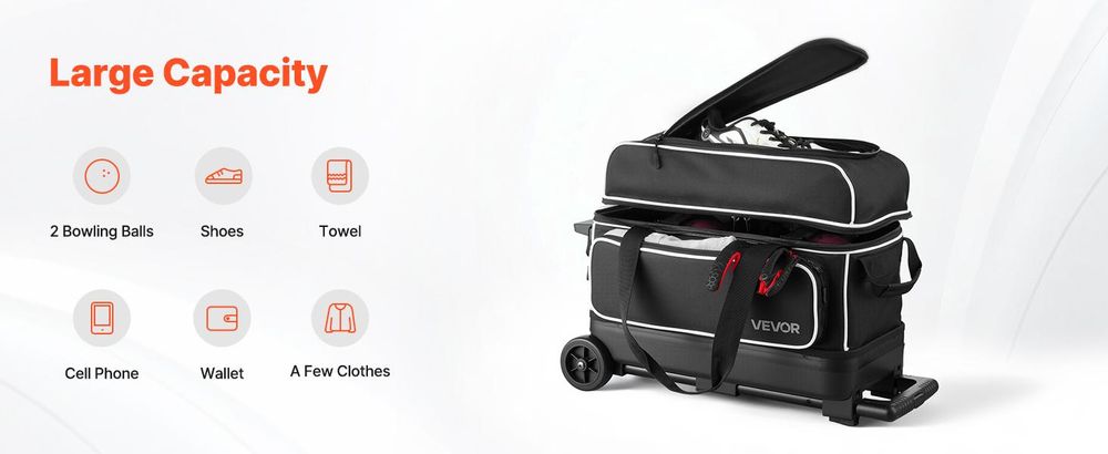 VEVOR Bowlingballtasche, 2-Ball-Doppelroller-Bowlingtasche mit Rädern, mit einem separaten Fach für Schuhe (bis US-Größe 16) und übergroßer Zubehörtasche, ausziehbarer Griff bis 1050 mm