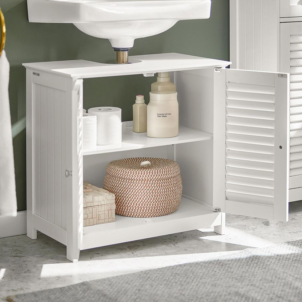 SoBuy Waschbeckenunterschrank Badschrank mit verstellbaren Regalböden Badmöbel aus MDF Unterschrank für Badezimmer Anti-Schimmel Lamellentür FRG237-W