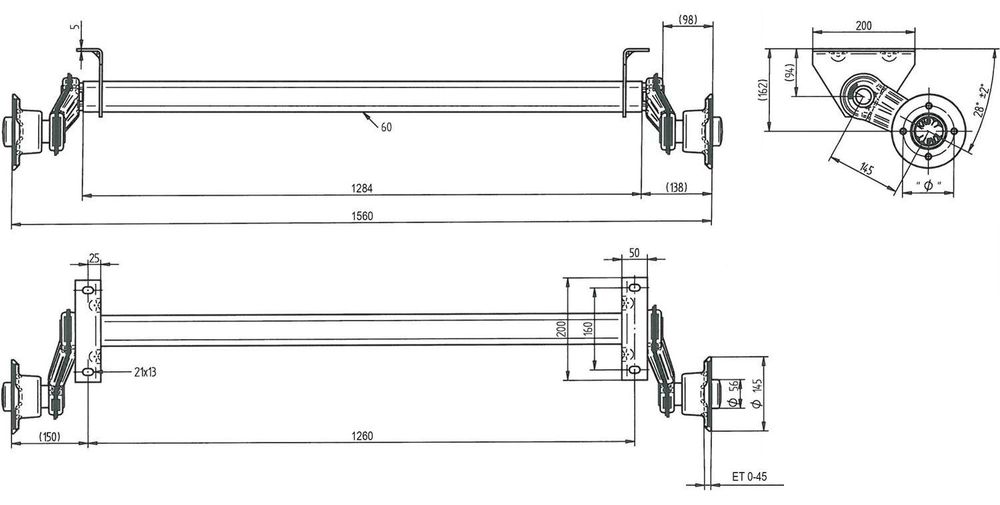 KNOTT VG7-L Achse 750 kg 1260 mm für UNITRAILER Motorradanhänger