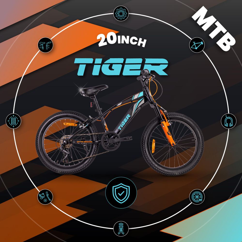 Bicicleta infantil SUN BABY Tiger Bike de 20 pulgadas en fondo gráfico con detalles técnicos.