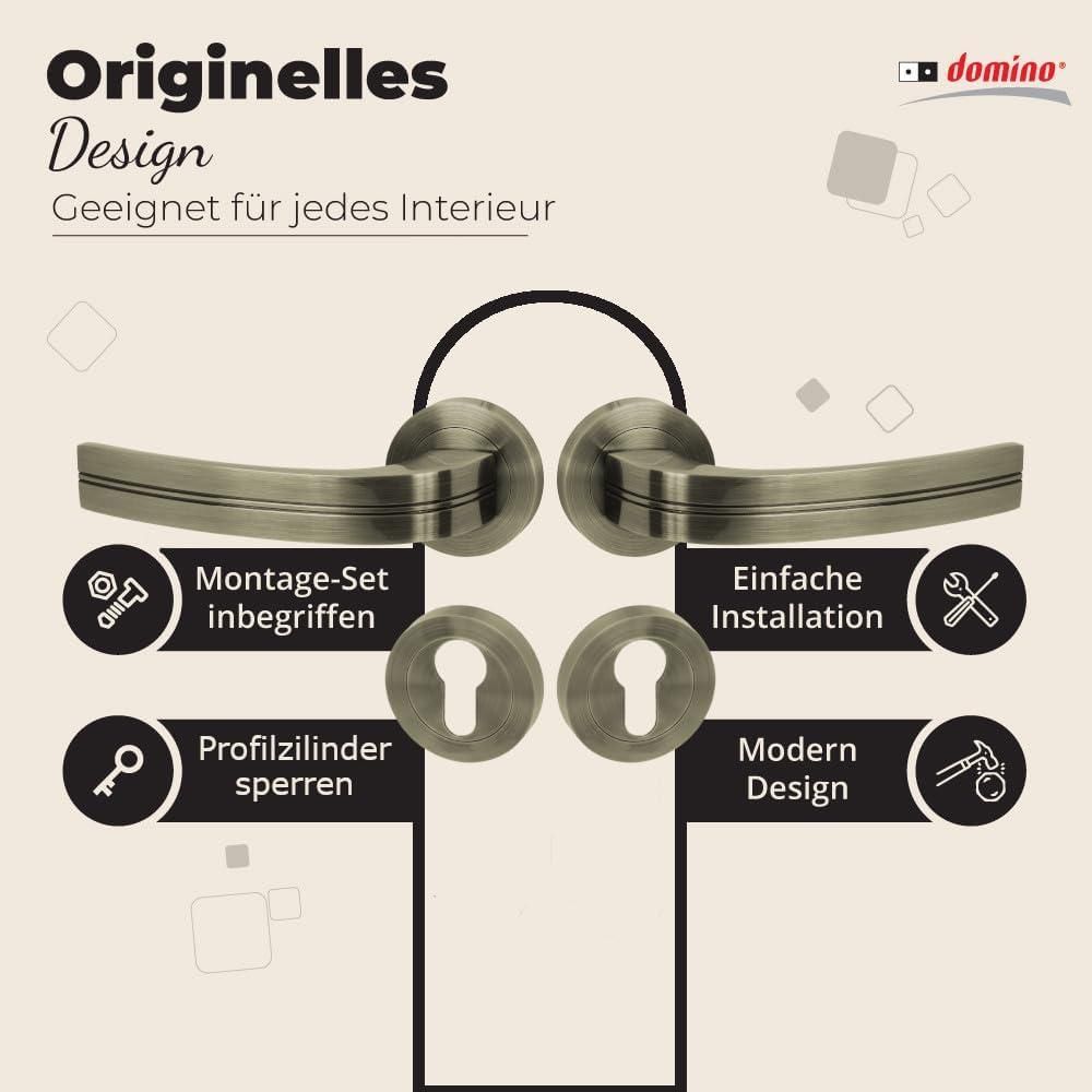 DOMINO Türgriff Drückergarnitur PZ - Profilzylinder Set | Rund-Rosette | Türklinke für Zimmertür, Bürotür, Kellertür & Innentür | Türbeschläge aus Aluminium | Bronze Türdrückergarnitur | DEKAN-R M3