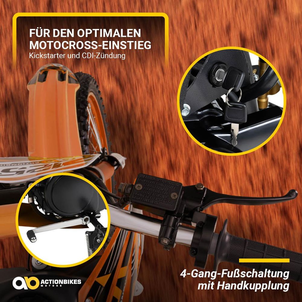 Actionbikes Motors Kinder Crossbike JC125 | Benzin Jungend Motorrad - Motorcross - Stollenreifen - Pocketbike - Dirtbike - Cross Bike (Schwarz)