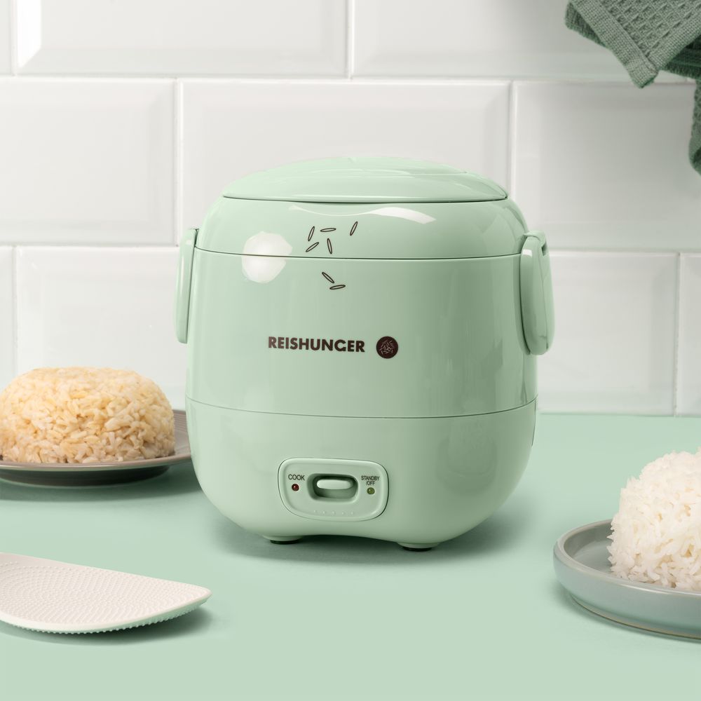 REISHUNGER Mini Reiskocher, salbeigrün | 0,3 L - 1-2 Portionen | hochwertige Keramikbeschichtung - Premium Topf | Handliche Größe für kleine Haushalte