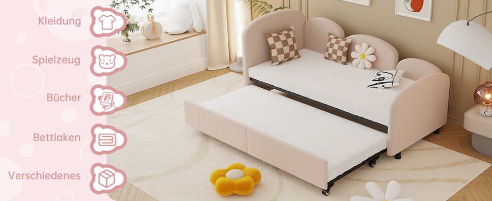 okwish Schlafsofa Daybett 90x200cm mit Ausziehbarem Unterbett 90x190cm und Lattenrost aus Holz, Tagesbett Kinderbett Jugendbett(Ohne Matratze)- Beige