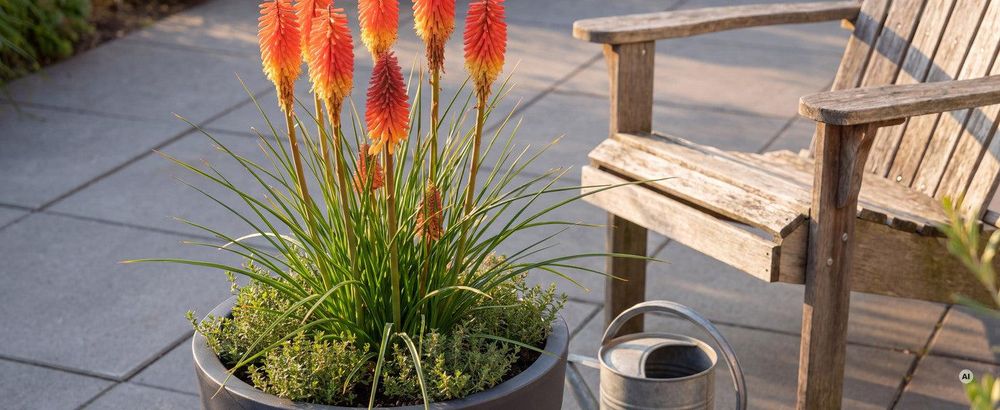 Kniphofia 'Papaya Popsicle' im Kübel auf der Terrasse
