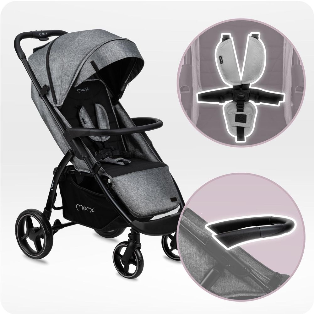 MoMi MIYA EVA – Ultrakompakter Kompaktbuggy mit Einhand-Faltung, XL-EVA-Rädern, verstellbar, inkl. Zubehör & Sonnenverdeck – Grau