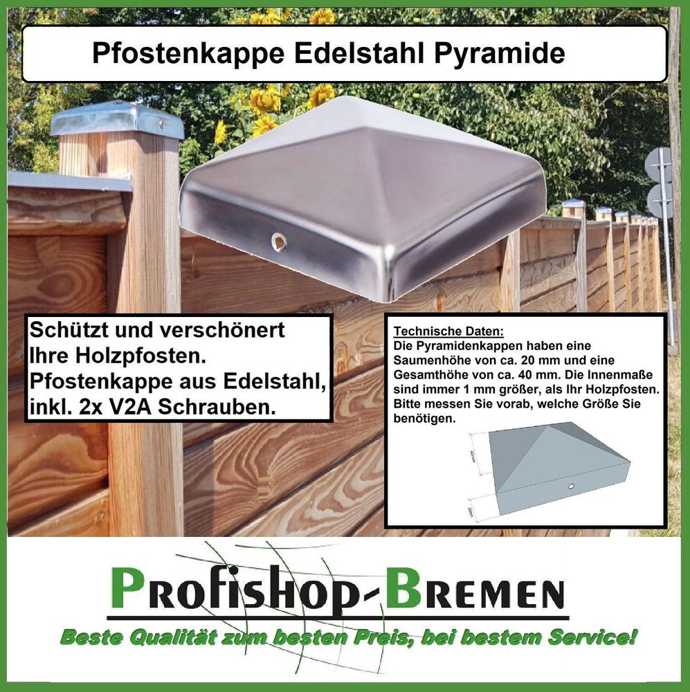 Pfostenkappe Edelstahl Pyramide für Pfosten 7x7cm, inkl. VA-Schrauben, Zaunkappe Zierkappe Kappe rostfrei 71x71 mm