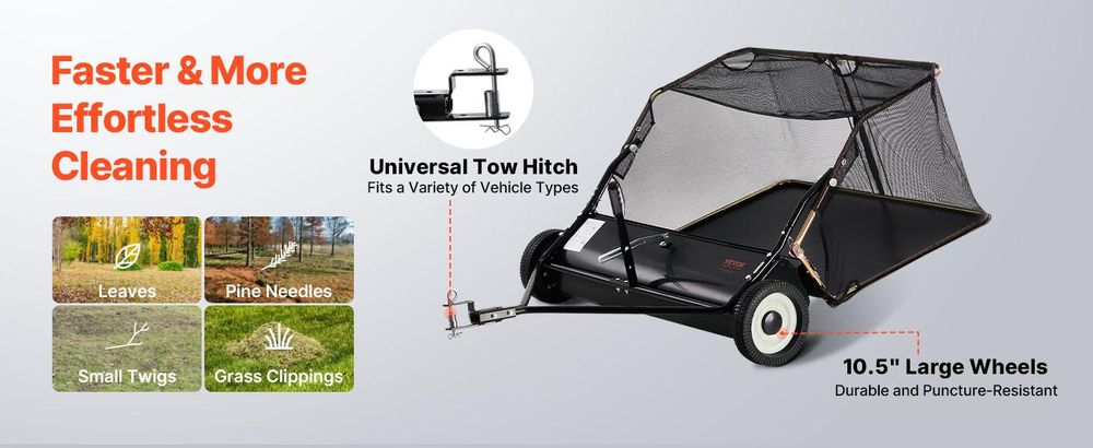 VEVOR 42-Zoll Rasenkehrmaschine zum Hinterziehen, 12 cu.ft. Große Anhängbare Graskehrmaschine, Robuster Laub- und Grasauffänger mit Entleerungsseil-Design, Einstellbare Kehrhöhe zum Aufnehmen von Abfällen und Gras, 176x153x61 cm