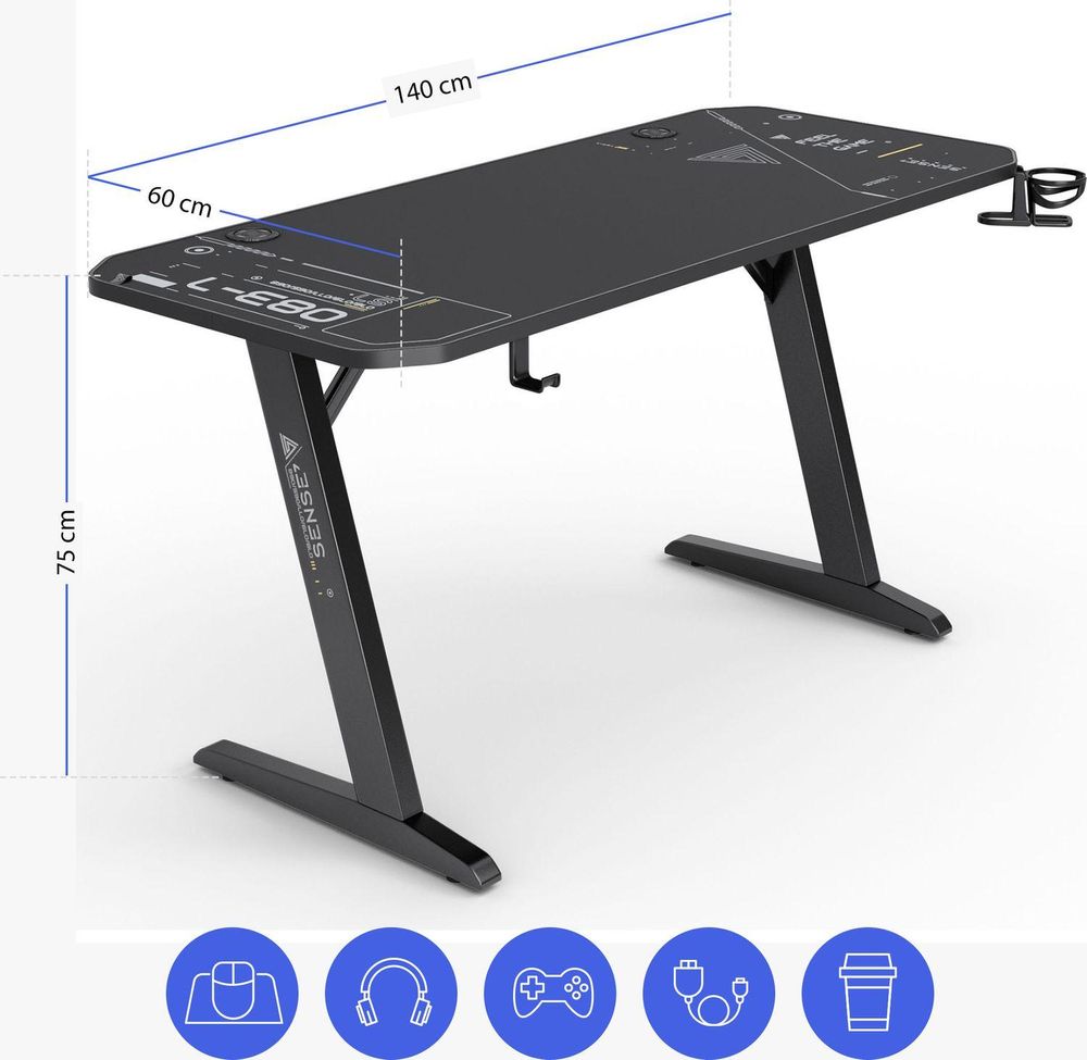 SENSE7 Nomad Cybernetic Gaming – biurko 140 x 60 cm XXL – podkładka pod mysz, biurko komputerowe, biurko dla graczy, organizacja kabli, uchwyt na zestaw słuchawkowy