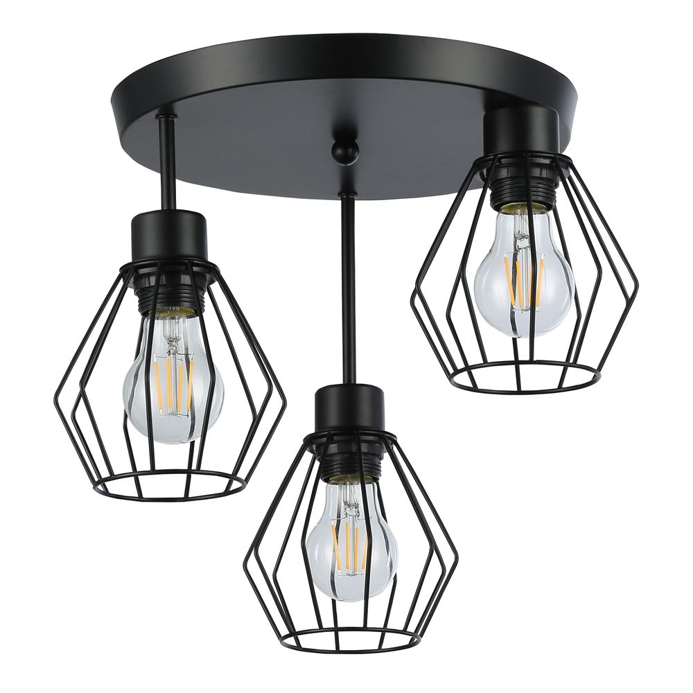 Moderne schwarze Deckenlampe mit drei drahtförmigen Diamantschirmen.