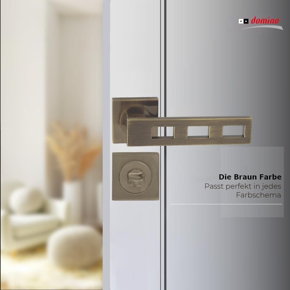 DOMINO Türgriff Drückergarnitur WC - Badezimmer Set | Vierkant-Rosette | Türbeschlag für Badezimmertüren | Set WC - Rosetten-Garnitur | Türklinke aus Aluminium | Bronze Türdrückergarnitur | TRE-QR M3