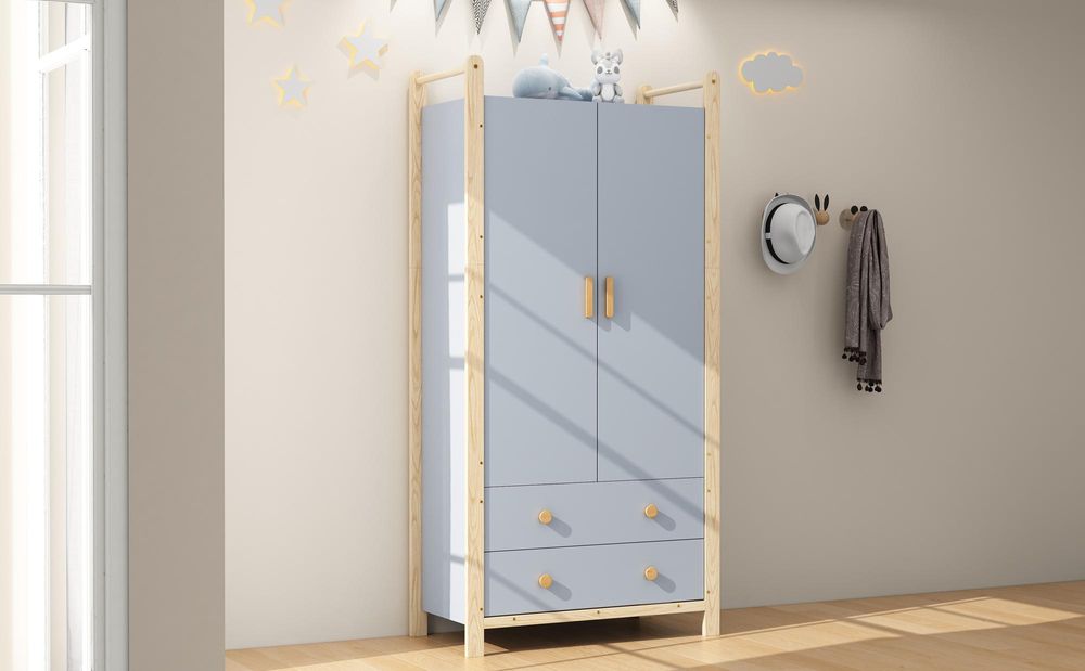 Merax Kinder-Kleiderschrank mit 2 Türen, 2 Schubladen, Kleiderstange, Stauraum für Kinderzimmer, Landhausstil Kleiderschrank, 90×45×180cm, Natur/Blau