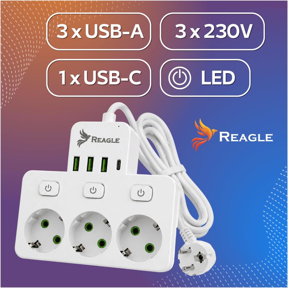 Reagle 3m Steckdosenleiste 3-fach einzeln schaltbar mit 4x USB (3x USB-A, 1x USB-C), Mehrfachsteckdose weiß, Verlängerungskabel 2500W