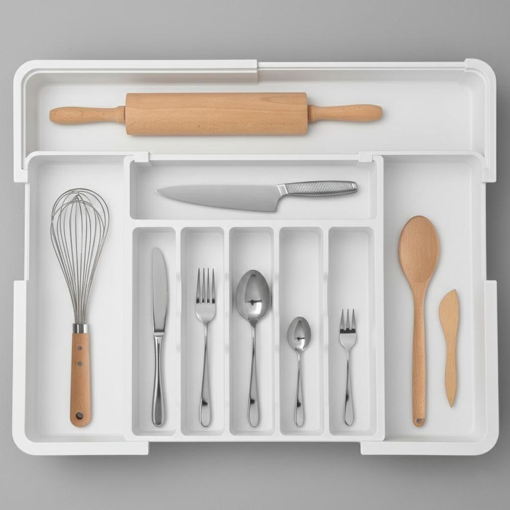 WELLHAUS – Ausziehbare, verstellbare Besteck- und Küchen­schubladen-Organizer – flexibles Raum­wunder für Ihre Küche ( Weiß, 33 x 37 cm -> 56 x 48 cm)