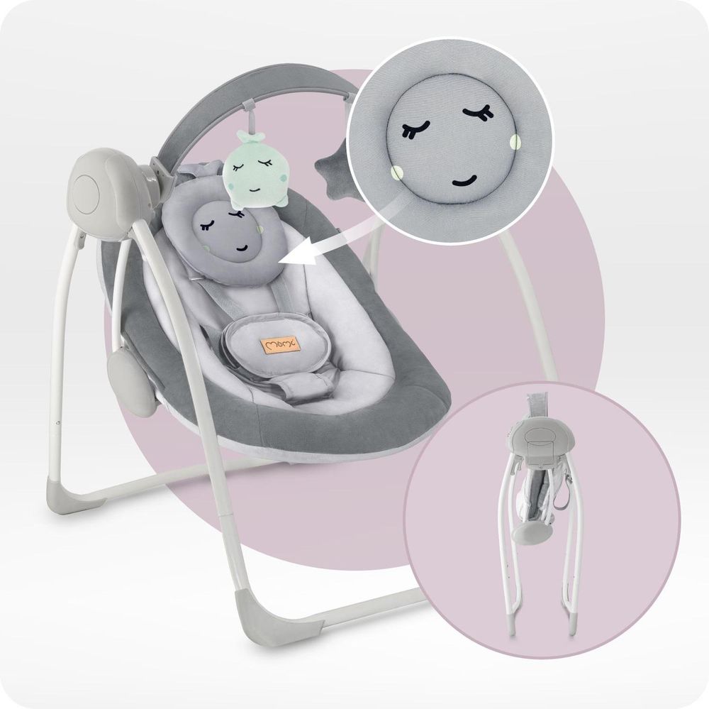 MoMi LISS – Elektrische Babywippe klappbar mit Timer, 5 Geschwindigkeiten, 6 Melodien & verstellbarem Spielbogen - Grau