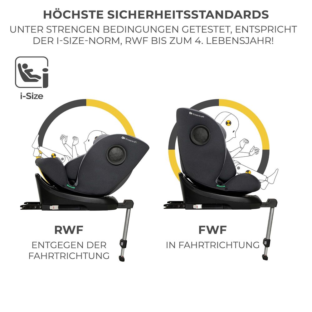 Kinderkraft I-360 i-Size - Kindersitz 40-150 cm - 360° Drehung - RWF/FWF - H-GUARD System - SPS+ - 5-Punkt-Gurt - ISOFIX - Stützbein - Grau