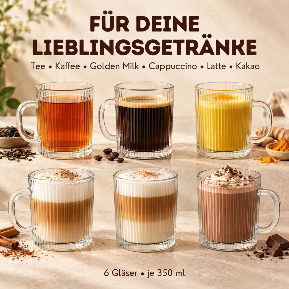 Vienberg Glühwein-Gläser 6er Set 350 ml – Geriffelte Glastassen mit Henkel