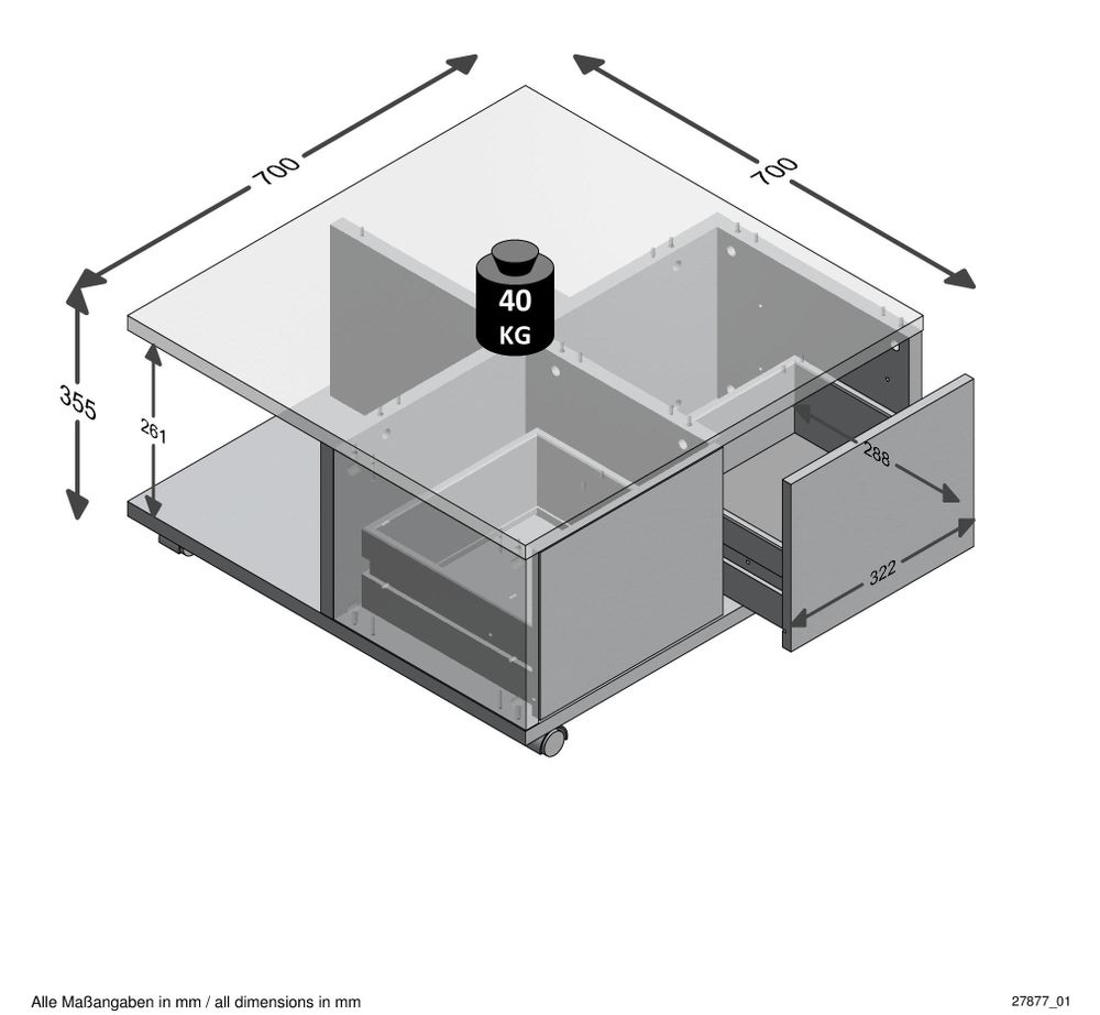 Couchtisch TWIN 1 – moderner Couchtisch mit Stauraum und rollbaren Füßen