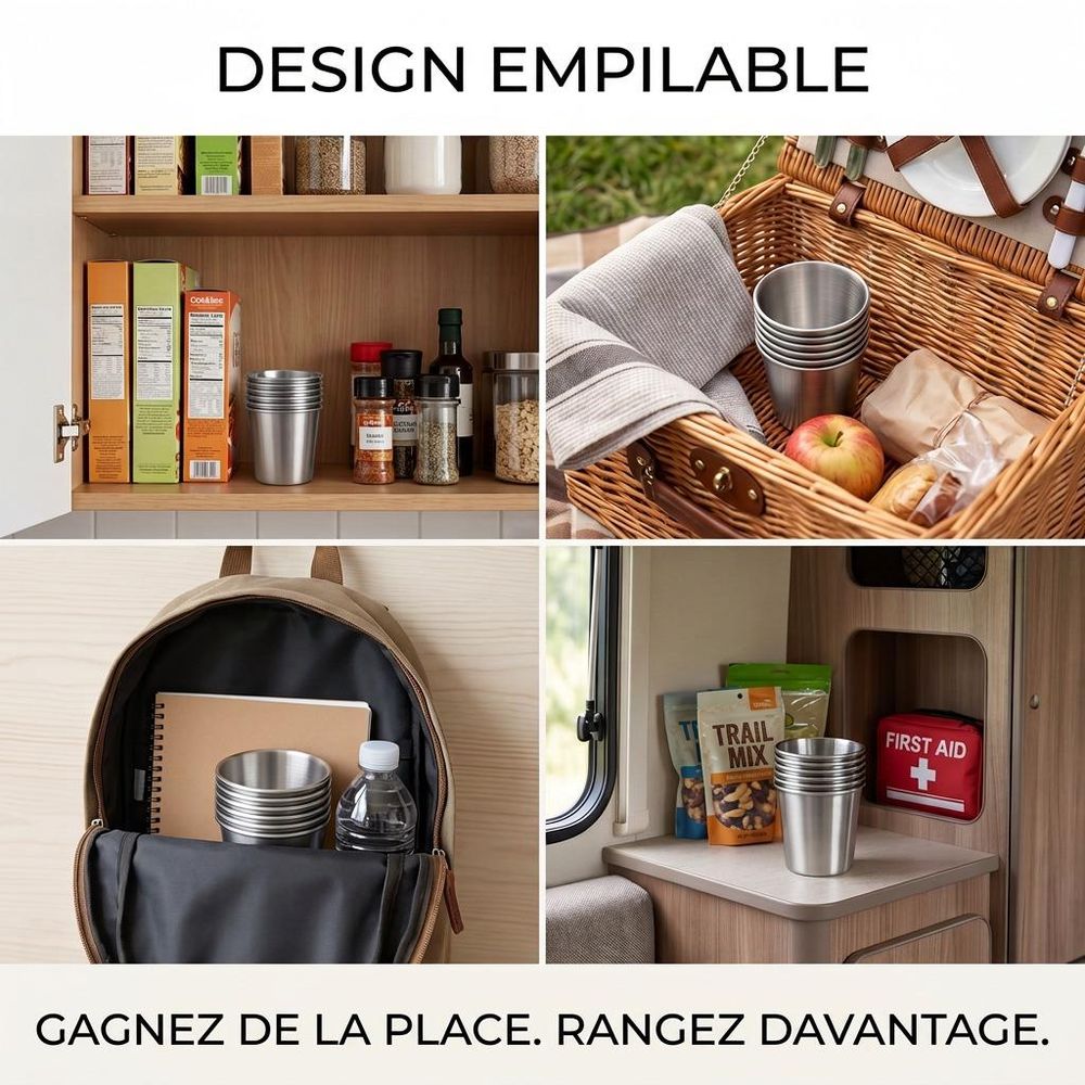 Gobelets en acier inoxydable emboîtés pour gagner de la place.