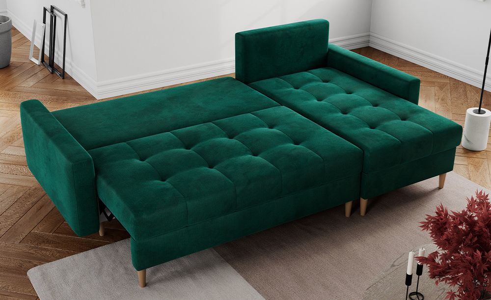 Rosa Ecksofa aus weichem cord-Stoff. Foto zeigt Schlaffunktion