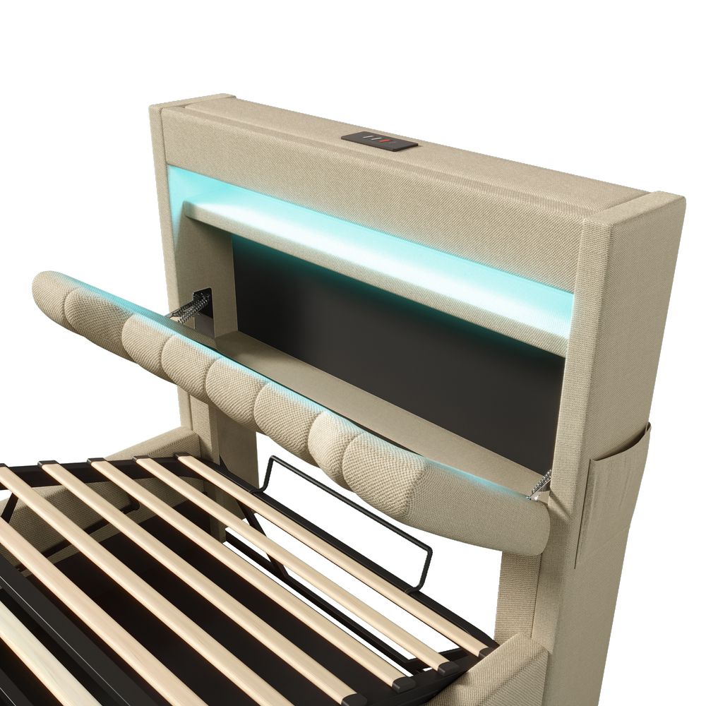 Flieks Polsterbett 90x200cm mit Ladefunktion (USB & Type-C), Einzelbett Jugendbett mit Led, Stauraumbett Boxspringbett mit Stauraum, Leinen, Beige