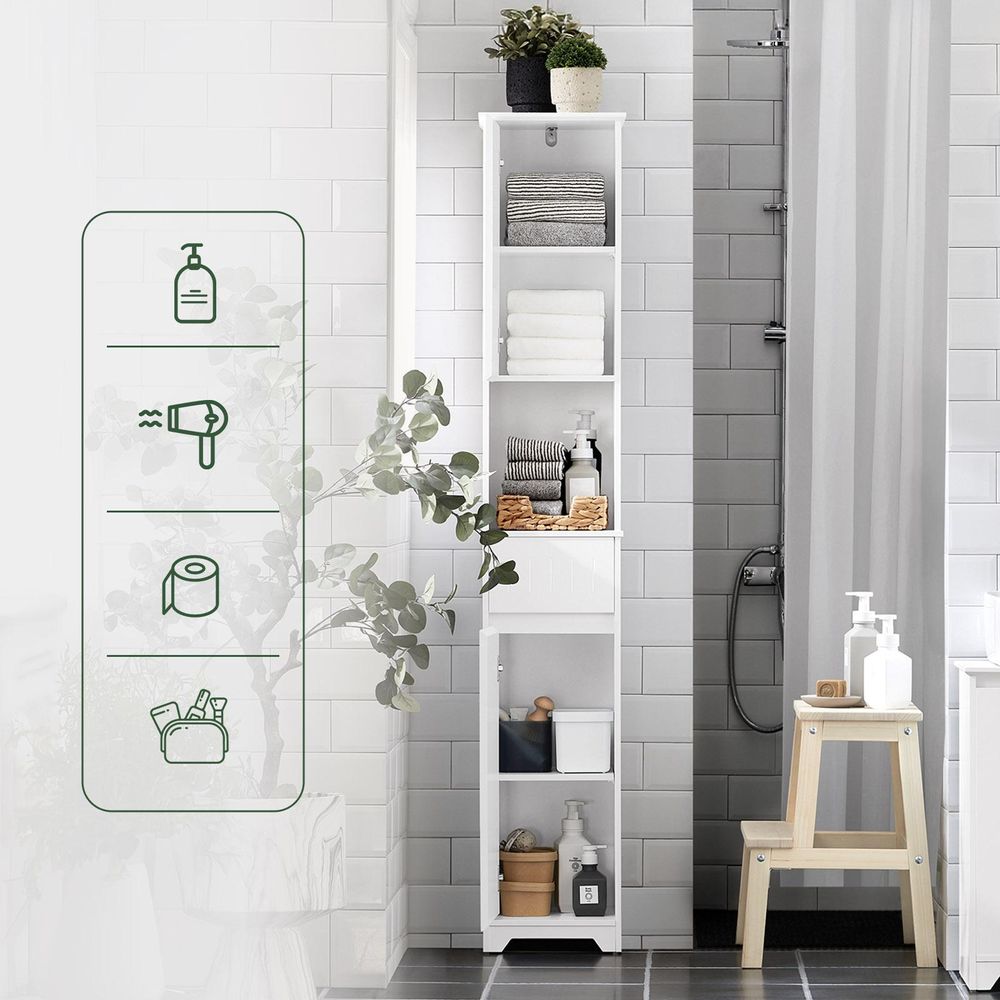 SoBuy Hochschrank Badezimmer Schrank Badschrank schmal mit verstellbaren Regalen feuchtigkeitsbeständiges Badmöbel Badregal aus Holz Weiß BZR109-W