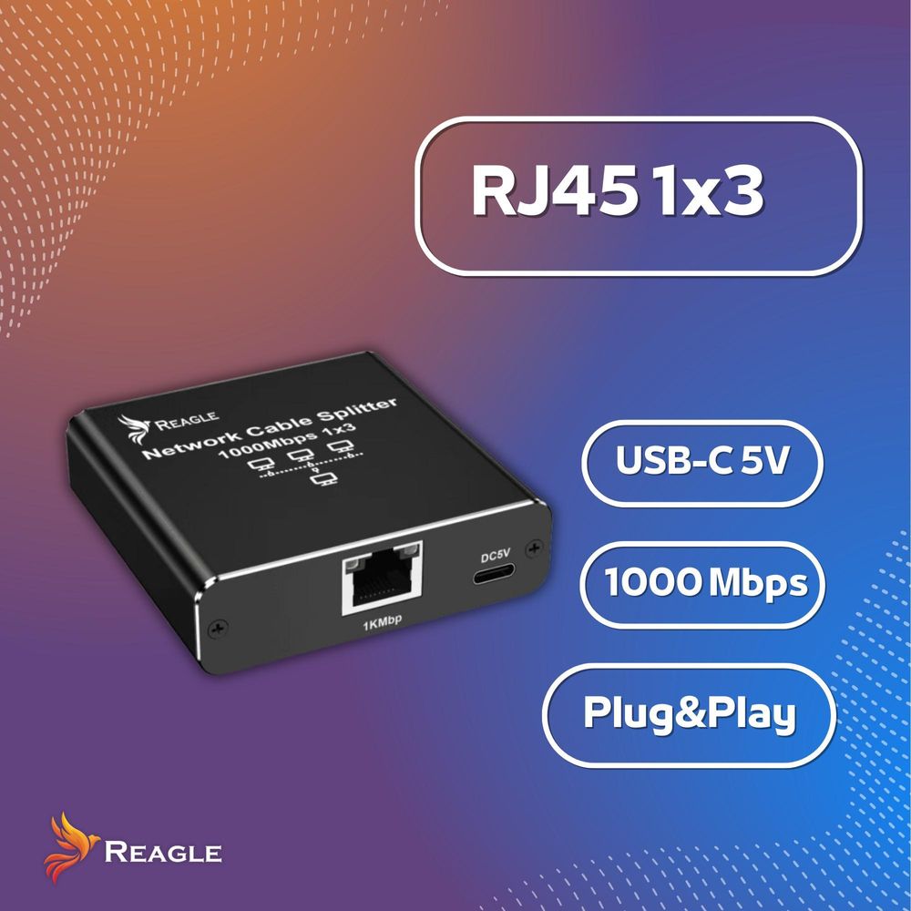 Reagle Premium LAN Splitter Switch 1 auf 3 RJ45 Gigabit Ethernet Netzwerkverteiler 1000Mbps für PC Gaming TV Konsole Aluminium Design USB C Power