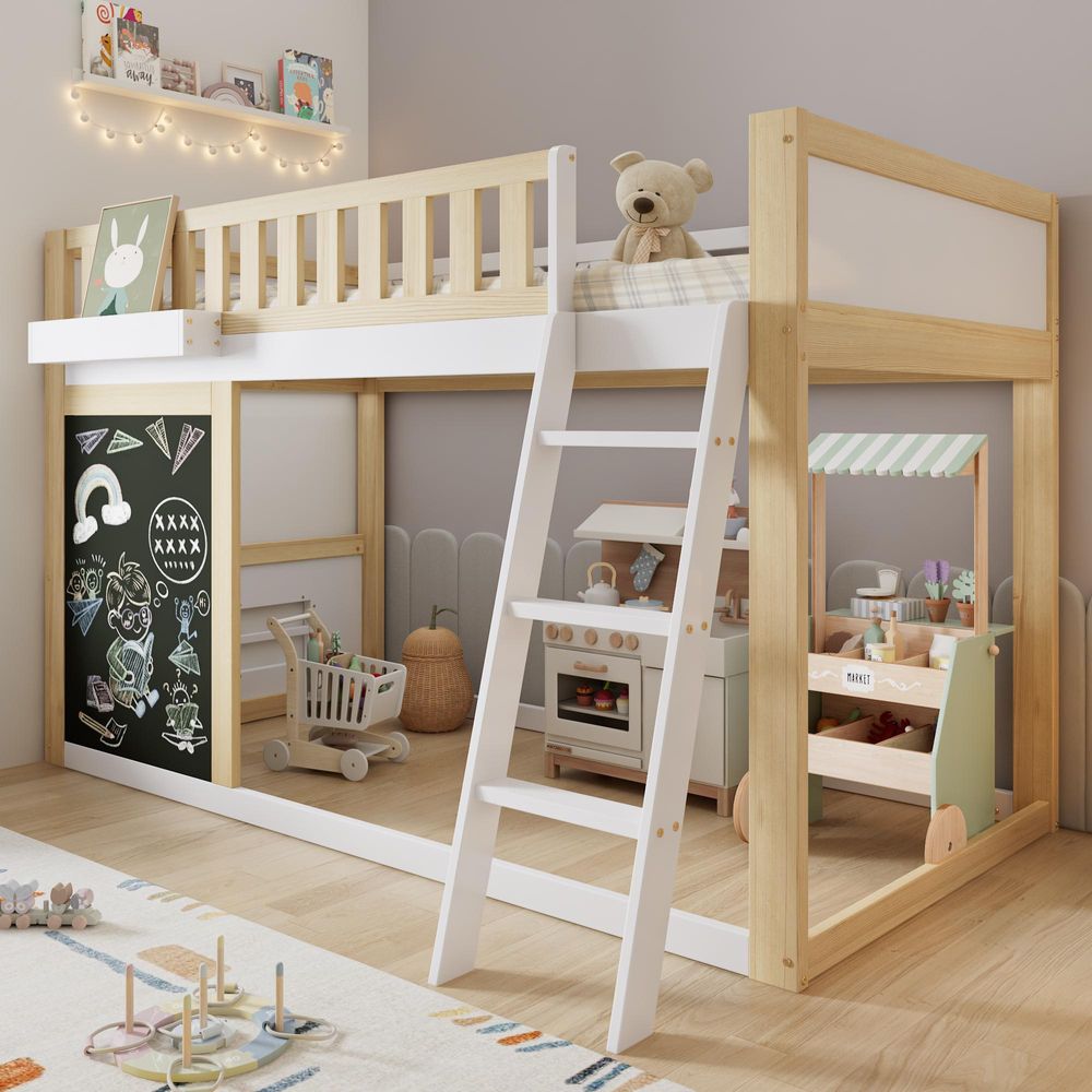 Flieks Etagenbett 90x200cm mit Tafel, Kinderbett mit Rausfallschutz und Lattenrost, Hochbett mit Aufbewahrungsbox, Naturbelassen