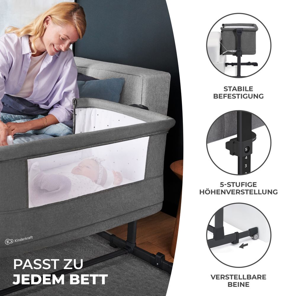 Kinderkraft NESTE GROW - 3-in-1 Beistellbett - höhenverstellbar - 2-stufige Neigung - für Babys bis 2 Jahre - inkl. Matratze - Beige
