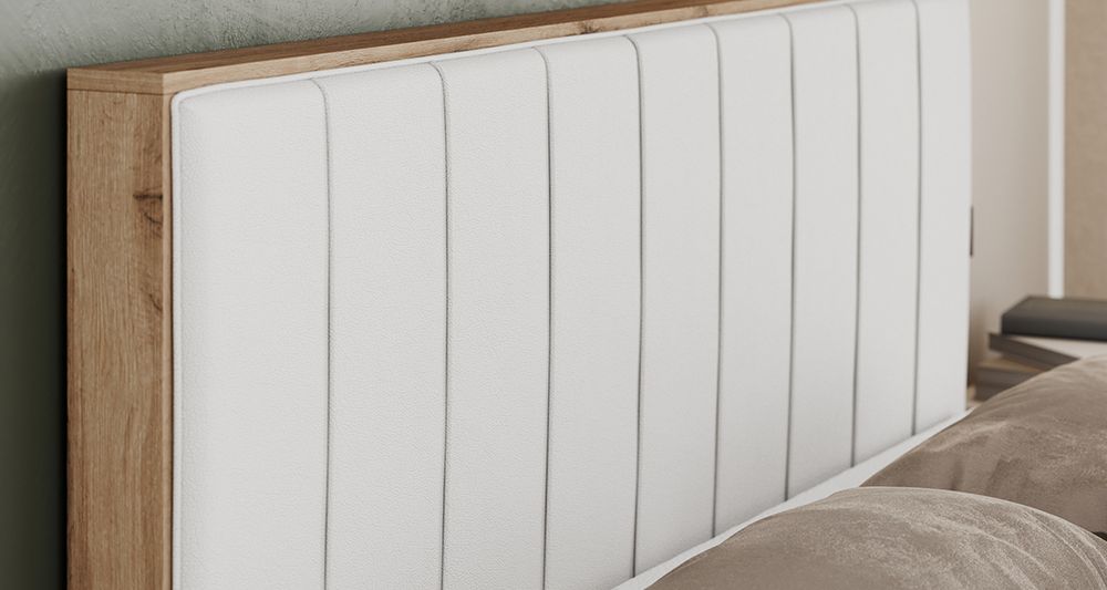 Vergrößern Sie das Kopfteil des Boxspringbettes, das Foto zeigt weiß Stoff