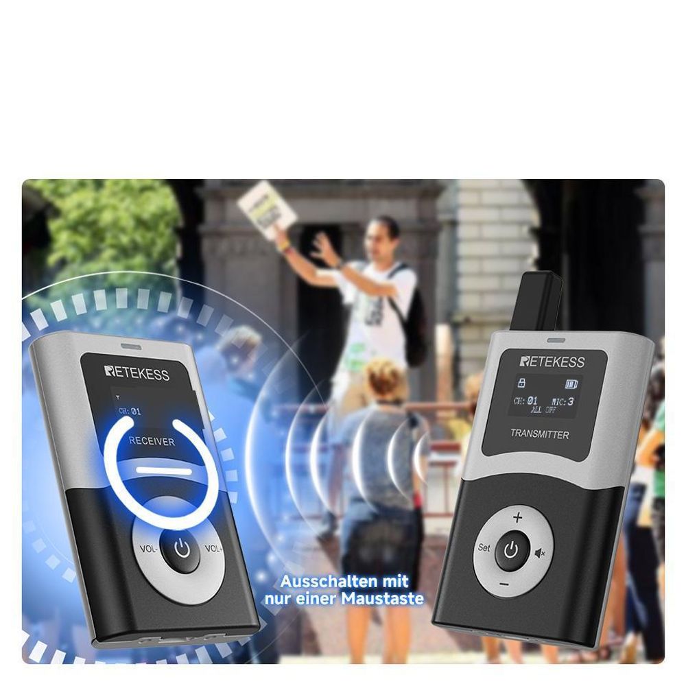 Průvodcovský systém Retekess T130U, mikrofon a reproduktor pro průvodce, 200 m, vysílač s Bluetooth, ovládání jedním tlačítkem, pro cestovní kanceláře muzeí