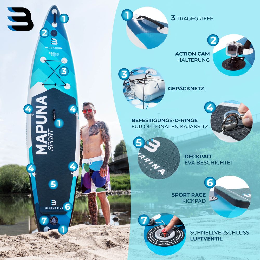 Stand Up Paddle Board Mapuna | SUP Board - inkl. Paddel, Pumpe & Rucksack - Surfbrett aufblasbar - Kajak - Paddling Board - Surfboard - 330x76x16cm