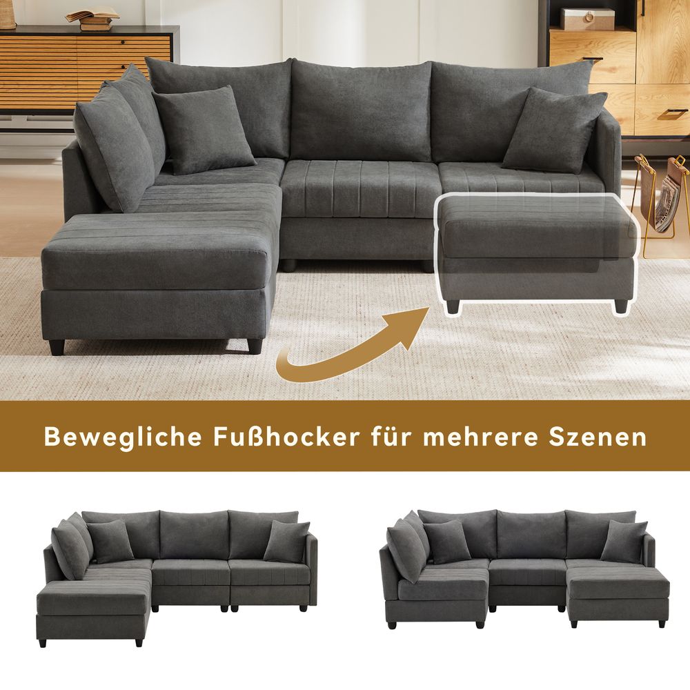 Merax Ecksofa 5-Sitzer, Schlafsofa mit umwandelbarem Hocker 1 Teile, Modulare Sofa L-förmiges/U-förmiges Couch Polstersofa Baumwoll-Leinen, Grau