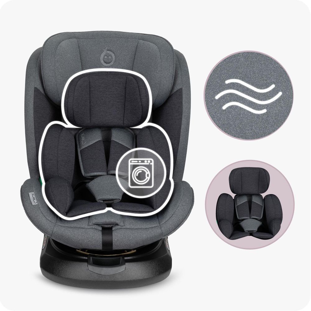 MoMi EMI – i-Size Kindersitz 40–150 cm (0–36 kg), 360° drehbar, ab Geburt rückwärts & vorwärts nutzbar, mit ISOFIX & Top Tether – Grau