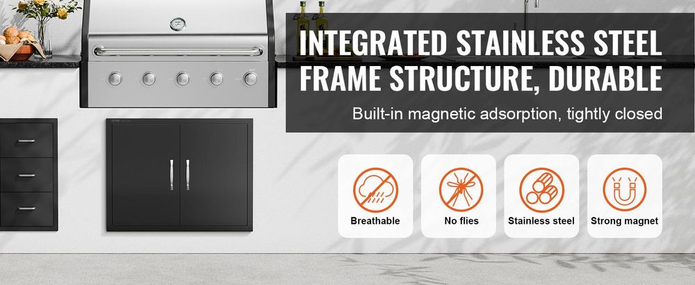 VEVOR BBQ-Zugangstür, 990x660 mm Doppelte Außentür für die Küche, Edelstahl-Einbau Tür, Wandvertikale Tür mit Griffen und Haken, für BBQ-Insel, Grillstation, Außenschrank, 788x610 mm