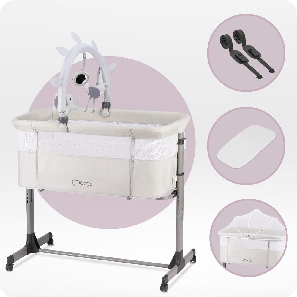 MoMi REVO 2in1 Babybett - 6 Höhenstufen, Einfach und Stabilmit, Matratze, Moskitonetz & Spielzeugbar - Hellgrau