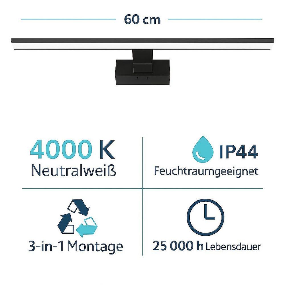 Produkt: LED-Lampe 4000K Neutralweiß, IP44, 3-in-1 Montage, 25 000 h Lebensdauer.