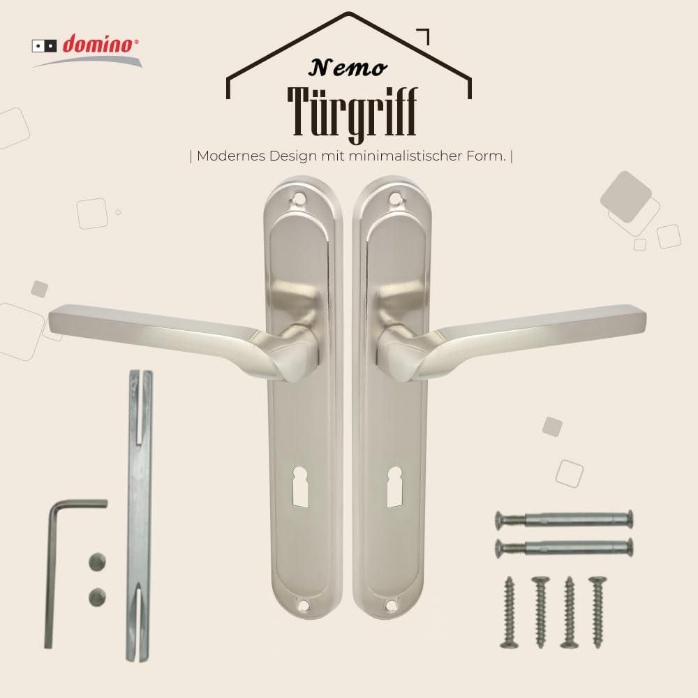 DOMINO Türgriff 72 Drückergarnitur BB - Buntbart Set | Tür-klinke für Zimmertür, Bürotür, Kellertür & Innentür | L-Form | Aluminium | Nickel | NEMO M9