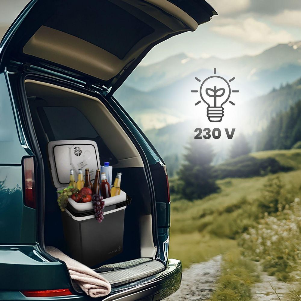 Tragbare Kühlbox im Kofferraum eines Autos, bereit für eine Reise