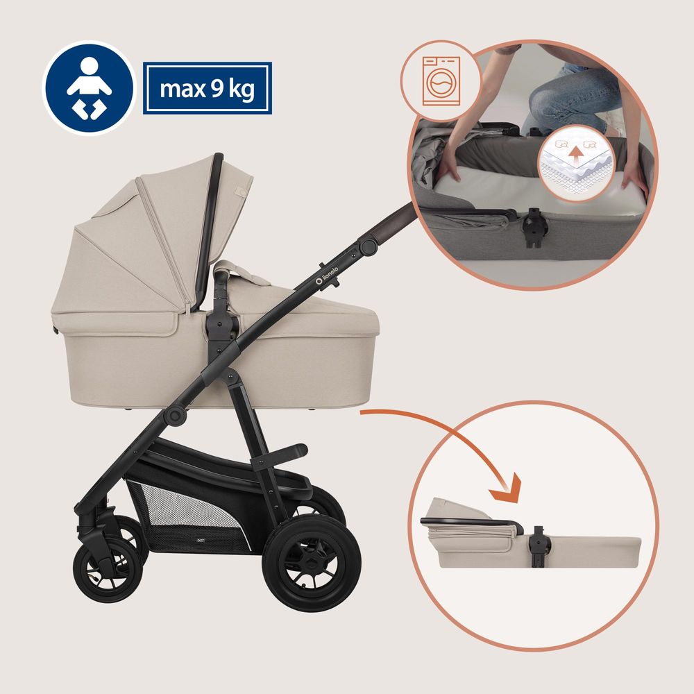 Lionelo Bianka 3in1 Kinderwagen, Autotransporter, Autositz, klappbar, Travel System Rückenlehne verstellbar 360o Räder Polsterung, Verdeck XXL-Beige