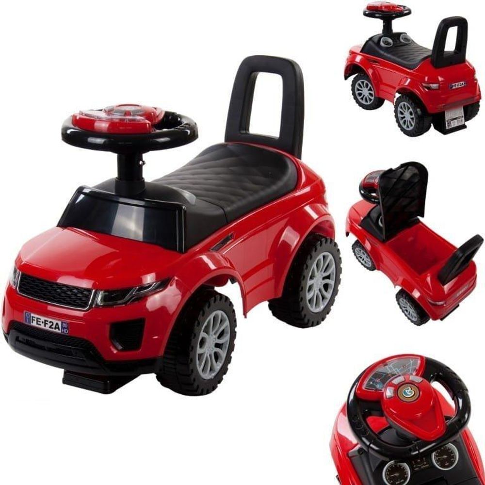 Koláž detailov odrážadla SUN BABY: kolesá, volant, úložný priestor