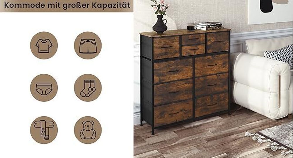 WOLTU Kommode mit 10 Schubladen aus Stoff, Sideboard, Metallrahmen, Industrial Stil : Vintagebraun Farbe: Vintagebraun