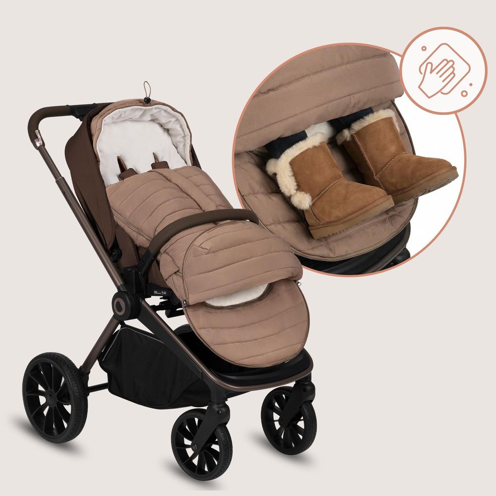 Lionelo Oli Winterfußsack für Kinderwagen & Babywanne, Wasserabweisend, Warm bis –20°C, Universal, Mit Kapuze Beige