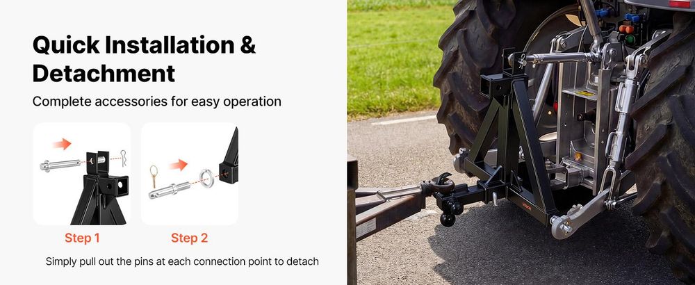 VEVOR 3-Punkt-Anhängerkupplung mit 2-Zoll-Anschluss, 3-Punkt-Schnellkupplung, 3.000 lbs Tragfähigkeit, Schwerlast-Traktor-Zugdeichsel-Adapter, kompatibel mit Kubota, Mahindra, John Deere, Massey Ferguson, 21 Zoll-Dual-Schnittstelle-Standard
