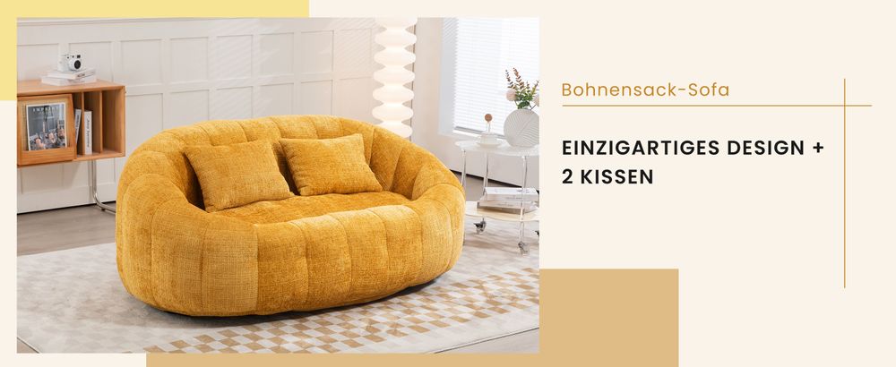 okwish Schlafsofa Sitzsack mit 2 Kissen，Relaxsessel mit dicke Polsterung，Ecksofa ，Extrabreit Lazy Sofa für Erwachsene & Kinder，Chenille-stoff，Gelb