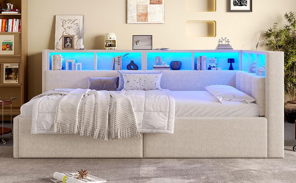 Merax Tagesbett Schlafsofa 90x200cm, mit LED, USB, Typ-C, Hydraulischer Stauraum, Staufächer, Daybett, Kinderbett, Polsterbett, Leinen, Beige